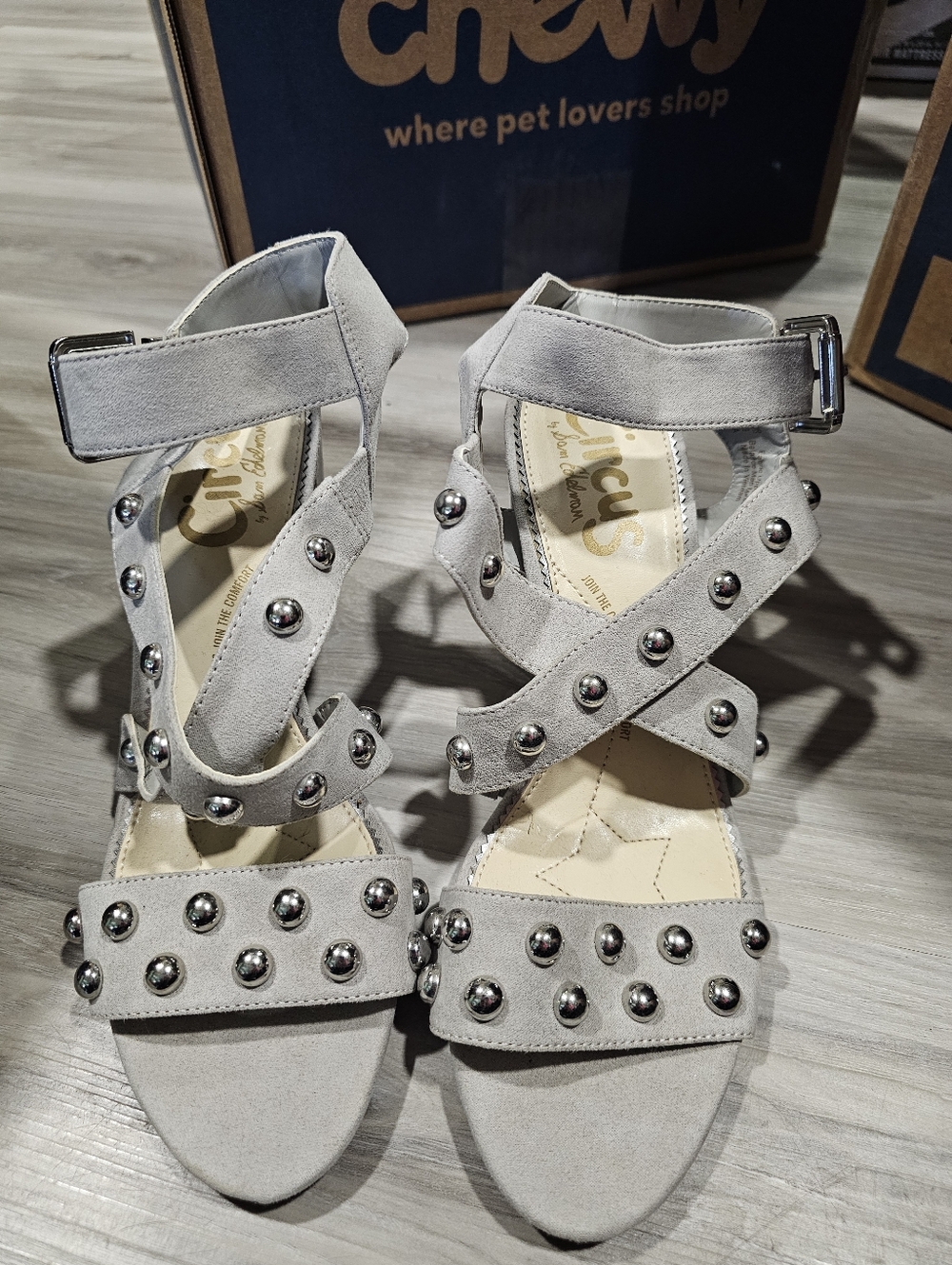 Circus by Sam Edelman Light Gray Studded Suede Ankle-Strap Sandals